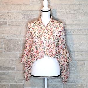 Forever 21 Cropped Sheer Flowy Floral Button Collar Top